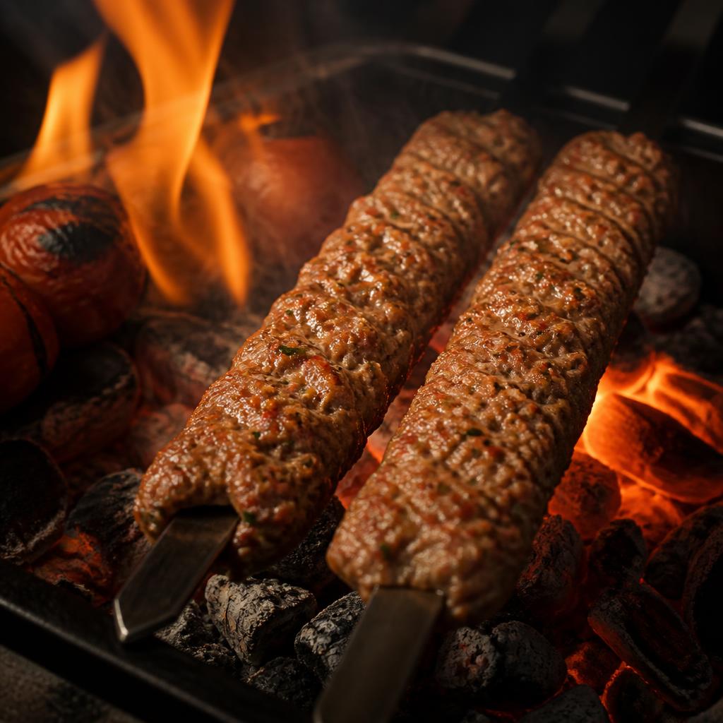 Adana kebab op de houtskoolgrill bij Divan Grillhuis